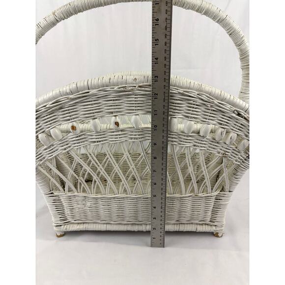 Vintage White Wicker Magazine Basket Holder Wooden 19.5" 1960's Storage Rack - Picture 7 of 16